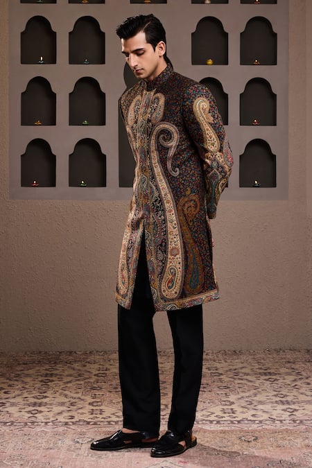 Histori Black Cotton Satin, Cotton, Silk Embroidery Paisley Woven Achkan Pant Set Online at Aza Fashions Histori_Black Cotton Satin, Cotton, Silk Embroidery Paisley Woven Achkan Pant Set _Online_at_Aza_Fashions