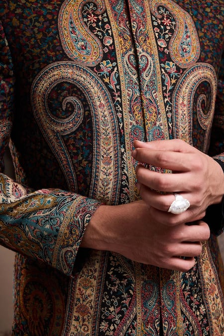 Buy Histori Black Cotton Satin, Cotton, Silk Embroidery Paisley Woven Achkan Pant Set Online at Aza Fashions Buy_Histori_Black Cotton Satin, Cotton, Silk Embroidery Paisley Woven Achkan Pant Set _Online_at_Aza_Fashions