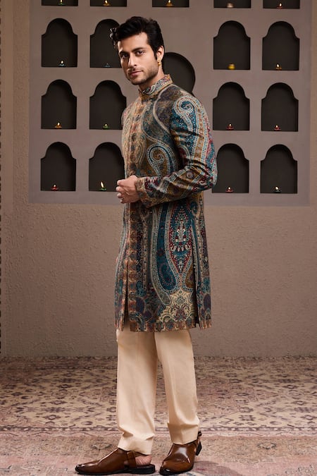 Shop Histori Beige , Satin, Silk Embroidery Paisley Woven Jacquard Achkan Set at Aza Fashions Shop_Histori_Beige , Satin, Silk Embroidery Paisley Woven Jacquard Achkan Set _at_Aza_Fashions