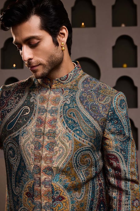 Histori Beige , Satin, Silk Embroidery Paisley Woven Jacquard Achkan Set Online at Aza Fashions Histori_Beige , Satin, Silk Embroidery Paisley Woven Jacquard Achkan Set _Online_at_Aza_Fashions