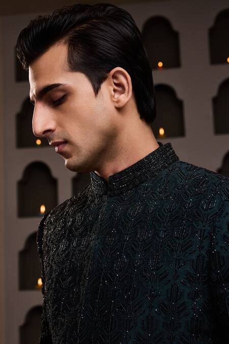 Histori_Green Cotton, Silk Cut Work, Embroidery Cutdana Achkan And Patiala Salwar Set _Online_at_Aza_Fashions