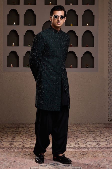 Buy_Histori_Green Cotton, Silk Cut Work, Embroidery Cutdana Achkan And Patiala Salwar Set _Online_at_Aza_Fashions