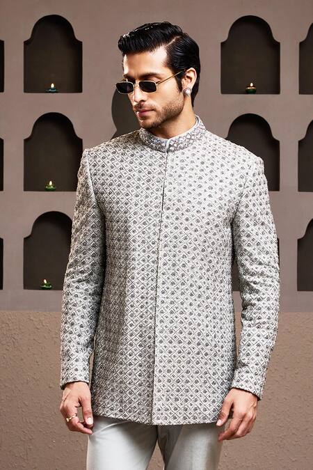 Buy Histori Gray Cotton, Lycra, Silk Crystals, Sequins, Embroidered Jodhpuri And Pant Set Online at Aza Fashions Buy_Histori_Gray Cotton, Lycra, Silk Crystals, Sequins, Embroidered Jodhpuri And Pant Set _Online_at_Aza_Fashions