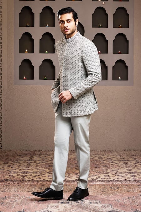 Shop Histori Gray Cotton, Lycra, Silk Crystals, Sequins, Embroidered Jodhpuri And Pant Set Online at Aza Fashions Shop_Histori_Gray Cotton, Lycra, Silk Crystals, Sequins, Embroidered Jodhpuri And Pant Set _Online_at_Aza_Fashions