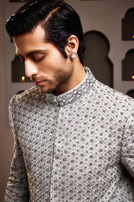 Histori Gray Cotton, Lycra, Silk Crystals, Sequins, Embroidered Jodhpuri And Pant Set at Aza Fashions Histori_Gray Cotton, Lycra, Silk Crystals, Sequins, Embroidered Jodhpuri And Pant Set _at_Aza_Fashions