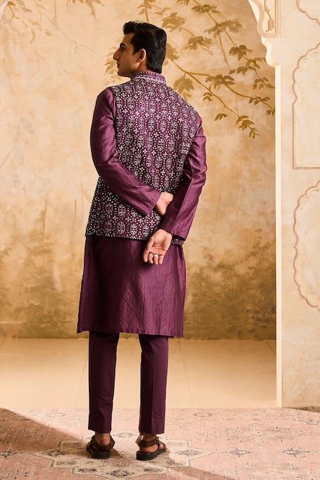 Histori Wine Chanderi, Cotton, Lycra Mirrors Embroidered Bundi Kurta Set Online at Aza Fashions Histori_Wine Chanderi, Cotton, Lycra Mirrors Embroidered Bundi Kurta Set _Online_at_Aza_Fashions