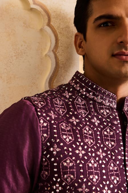 Buy Histori Wine Chanderi, Cotton, Lycra Mirrors Embroidered Bundi Kurta Set Online at Aza Fashions Buy_Histori_Wine Chanderi, Cotton, Lycra Mirrors Embroidered Bundi Kurta Set _Online_at_Aza_Fashions