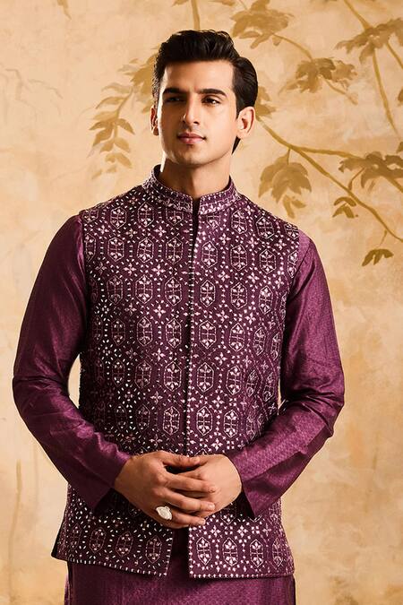 Shop Histori Wine Chanderi, Cotton, Lycra Mirrors Embroidered Bundi Kurta Set Online at Aza Fashions Shop_Histori_Wine Chanderi, Cotton, Lycra Mirrors Embroidered Bundi Kurta Set _Online_at_Aza_Fashions