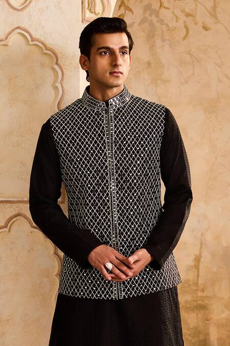 Histori Black Chanderi, Cotton, Silk Mirrors, Embroidery Bundi Kurta Set Online at Aza Fashions Histori_Black Chanderi, Cotton, Silk Mirrors, Embroidery Bundi Kurta Set _Online_at_Aza_Fashions