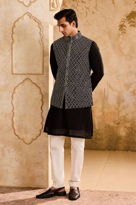 Buy Histori Black Chanderi, Cotton, Silk Mirrors, Embroidery Bundi Kurta Set Online at Aza Fashions Buy_Histori_Black Chanderi, Cotton, Silk Mirrors, Embroidery Bundi Kurta Set _Online_at_Aza_Fashions