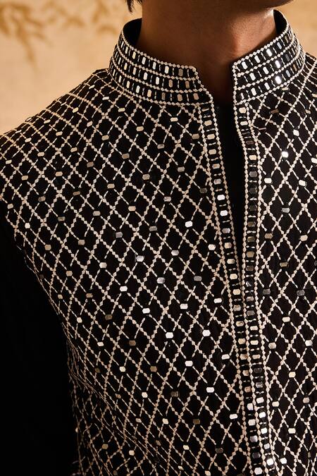 Histori Black Chanderi, Cotton, Silk Mirrors, Embroidery Bundi Kurta Set at Aza Fashions Histori_Black Chanderi, Cotton, Silk Mirrors, Embroidery Bundi Kurta Set _at_Aza_Fashions