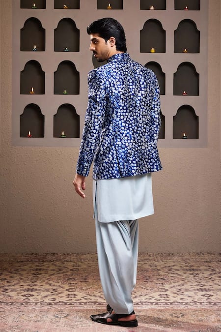 Shop Histori Blue Silk, Satin, Modal Embroidery Abstract Print Jacket Kurta Set at Aza Fashions Shop_Histori_Blue Silk, Satin, Modal Embroidery Abstract Print Jacket Kurta Set _at_Aza_Fashions