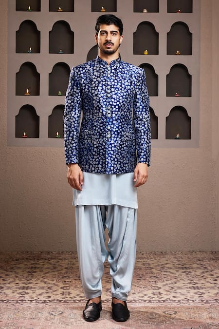 Shop Histori Blue Silk, Satin, Modal Embroidery Abstract Print Jacket Kurta Set Online at Aza Fashions Shop_Histori_Blue Silk, Satin, Modal Embroidery Abstract Print Jacket Kurta Set _Online_at_Aza_Fashions