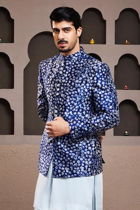 Histori Blue Silk, Satin, Modal Embroidery Abstract Print Jacket Kurta Set at Aza Fashions Histori_Blue Silk, Satin, Modal Embroidery Abstract Print Jacket Kurta Set _at_Aza_Fashions