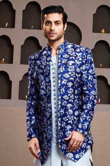 Histori_Blue Silk, Modal, Satin Abstract Print Jacket Kurta Set _Online_at_Aza_Fashions