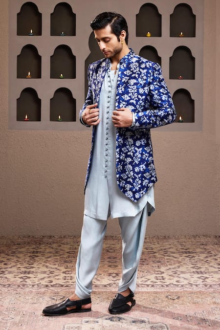 Shop_Histori_Blue Silk, Modal, Satin Abstract Print Jacket Kurta Set _Online_at_Aza_Fashions