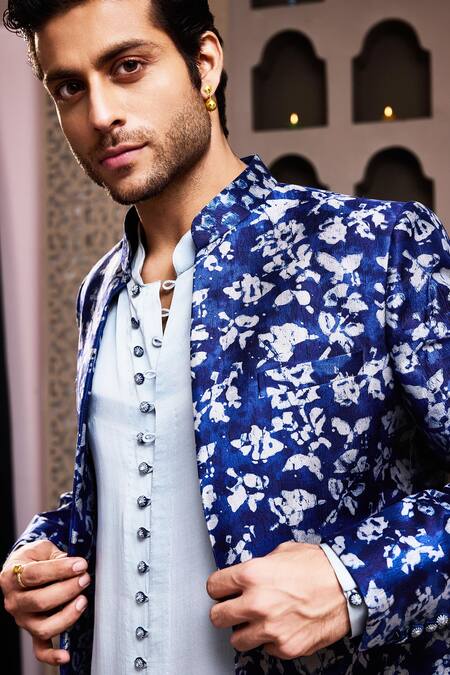 Histori_Blue Silk, Modal, Satin Abstract Print Jacket Kurta Set _at_Aza_Fashions