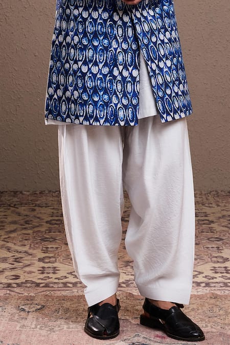 Histori_Blue Cotton, Silk Abstract Print Sherwani Kurta Set _Online_at_Aza_Fashions