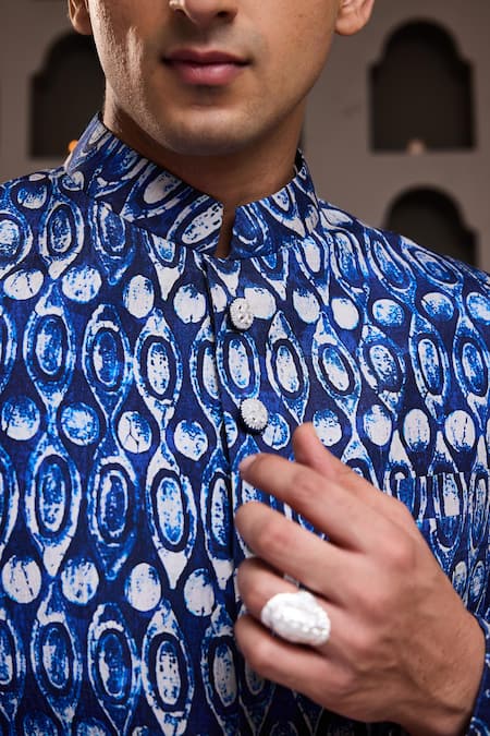 Buy_Histori_Blue Cotton, Silk Abstract Print Sherwani Kurta Set _Online_at_Aza_Fashions