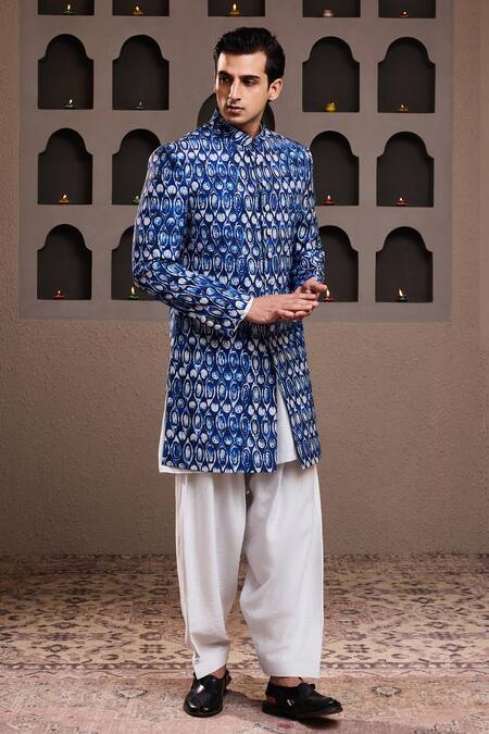 Shop_Histori_Blue Cotton, Silk Abstract Print Sherwani Kurta Set _Online_at_Aza_Fashions