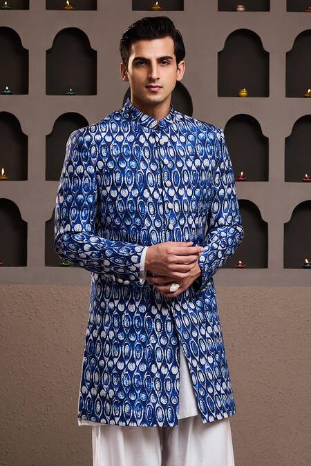 Histori_Blue Cotton, Silk Abstract Print Sherwani Kurta Set _at_Aza_Fashions