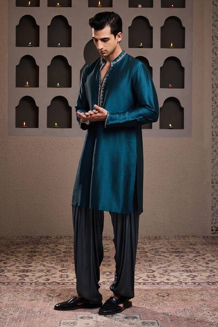 Shop Histori Green Chanderi, Modal, Satin Beads Embroidered Kurta And Salwar Set Online at Aza Fashions Shop_Histori_Green Chanderi, Modal, Satin Beads Embroidered Kurta And Salwar Set _Online_at_Aza_Fashions