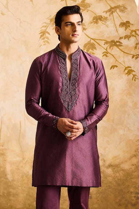 Buy_Histori_Purple Chanderi, Cotton Cut Work, Beads Cutdana Embroidered Kurta And Pant Set _Online_at_Aza_Fashions