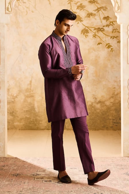 Histori_Purple Chanderi, Cotton Cut Work, Beads Cutdana Embroidered Kurta And Pant Set _at_Aza_Fashions