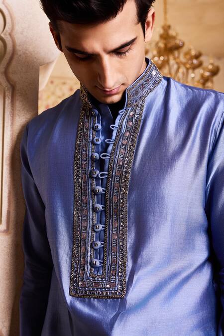 Histori_Blue Chanderi, Satin, Cut Work, Sequins, Embroidered Kurta Set _Online_at_Aza_Fashions