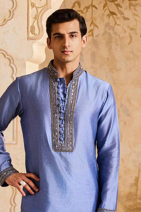 Buy_Histori_Blue Chanderi, Satin, Cut Work, Sequins, Embroidered Kurta Set _Online_at_Aza_Fashions
