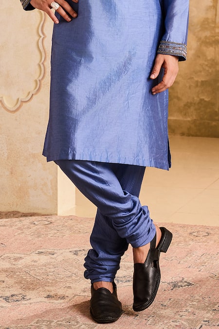 Shop_Histori_Blue Chanderi, Satin, Cut Work, Sequins, Embroidered Kurta Set _Online_at_Aza_Fashions