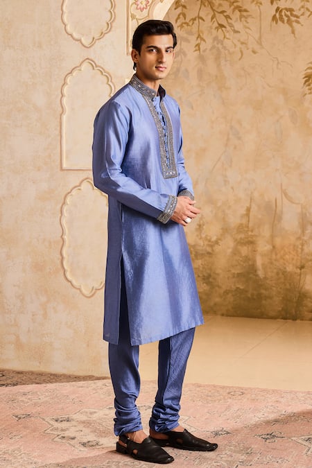 Histori_Blue Chanderi, Satin, Cut Work, Sequins, Embroidered Kurta Set _at_Aza_Fashions