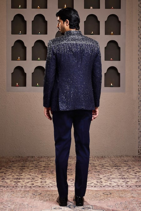 Shop Histori Navy Cotton, Lycra, Silk Beads, Sequins, Crystals Blue Embroidered Jodhpuri Set at Aza Fashions Shop_Histori_Navy Cotton, Lycra, Silk Beads, Sequins, Crystals Blue Embroidered Jodhpuri Set _at_Aza_Fashions