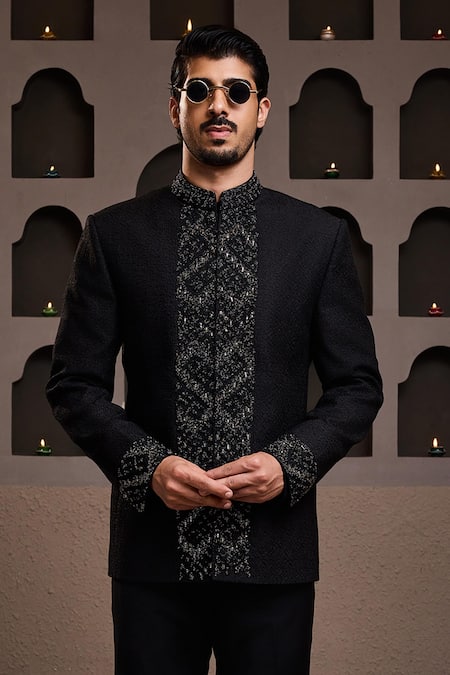 Histori Black Cotton, Lycra, Silk Crystals, Beads, Embroidery Raw Jodhpuri Set Online at Aza Fashions Histori_Black Cotton, Lycra, Silk Crystals, Beads, Embroidery Raw Jodhpuri Set _Online_at_Aza_Fashions