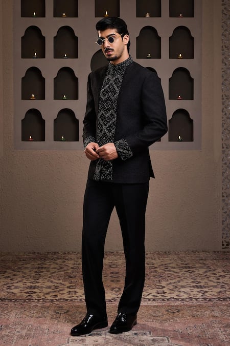 Histori Black Cotton, Lycra, Silk Crystals, Beads, Embroidery Raw Jodhpuri Set at Aza Fashions Histori_Black Cotton, Lycra, Silk Crystals, Beads, Embroidery Raw Jodhpuri Set _at_Aza_Fashions