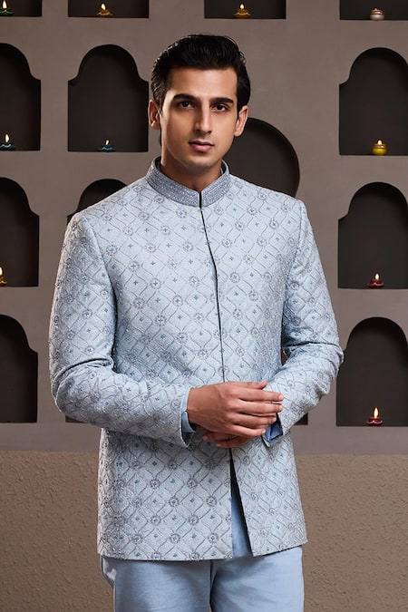 Buy_Histori_Sky Blue Cotton, Silk Crystals, Tonal Resham Embroidered Jodhpuri Coat And Pant _Online_at_Aza_Fashions