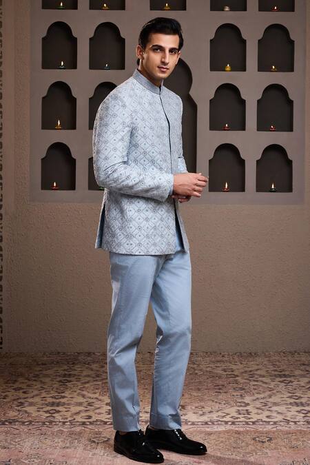 Shop_Histori_Sky Blue Cotton, Silk Crystals, Tonal Resham Embroidered Jodhpuri Coat And Pant _Online_at_Aza_Fashions