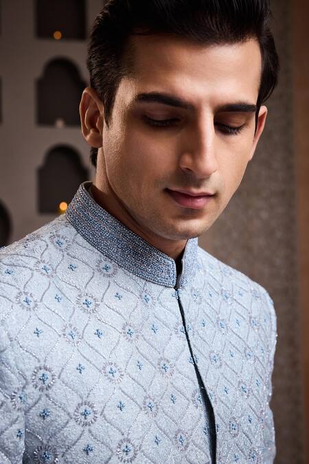 Histori_Sky Blue Cotton, Silk Crystals, Tonal Resham Embroidered Jodhpuri Coat And Pant _at_Aza_Fashions