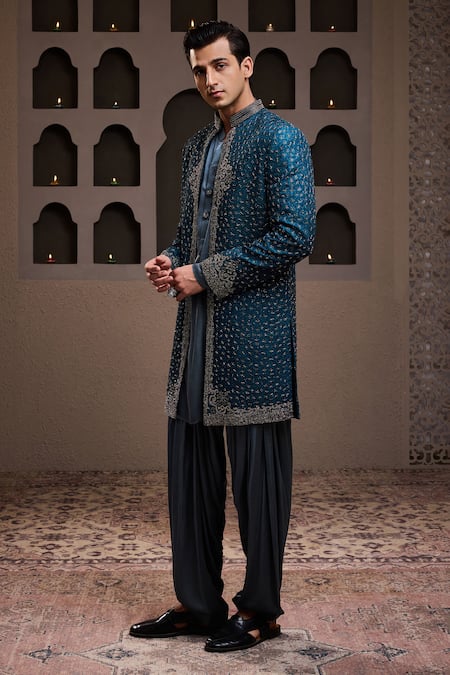 Buy Histori Blue Silk, Modal Crystals, Beads Embroidered Teal Jacket Kurta Set Online at Aza Fashions Buy_Histori_Blue Silk, Modal Crystals, Beads Embroidered Teal Jacket Kurta Set _Online_at_Aza_Fashions