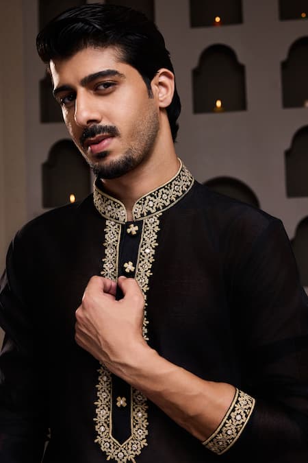 Shop_Histori_Black Chanderi, Cotton, Silk Embroidery, Mirrors Geometric Border Kurta Set _Online_at_Aza_Fashions