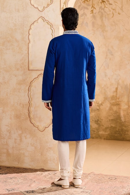 Shop Histori Blue Linen, Cotton, Silk Beads, Cut Work Embroidered Kurta Set With Churidar at Aza Fashions Shop_Histori_Blue Linen, Cotton, Silk Beads, Cut Work Embroidered Kurta Set With Churidar _at_Aza_Fashions