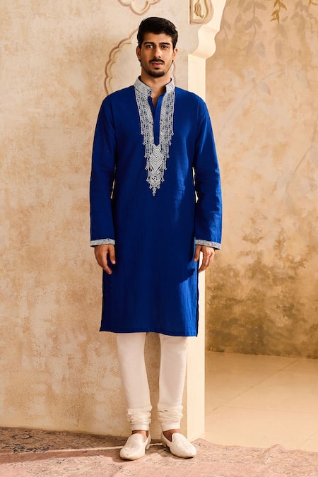 Buy Histori Blue Linen, Cotton, Silk Beads, Cut Work Embroidered Kurta Set With Churidar Online at Aza Fashions Buy_Histori_Blue Linen, Cotton, Silk Beads, Cut Work Embroidered Kurta Set With Churidar _Online_at_Aza_Fashions