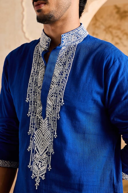 Shop Histori Blue Linen, Cotton, Silk Beads, Cut Work Embroidered Kurta Set With Churidar Online at Aza Fashions Shop_Histori_Blue Linen, Cotton, Silk Beads, Cut Work Embroidered Kurta Set With Churidar _Online_at_Aza_Fashions