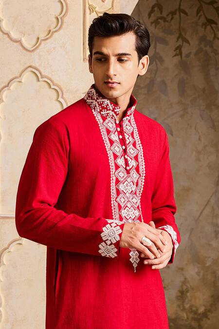 Buy Histori Red Linen, Cotton Cut Work, Beads Embroidered Kurta Set Online at Aza Fashions Buy_Histori_Red Linen, Cotton Cut Work, Beads Embroidered Kurta Set _Online_at_Aza_Fashions