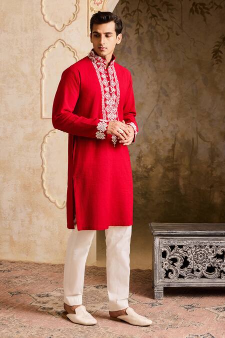 Shop Histori Red Linen, Cotton Cut Work, Beads Embroidered Kurta Set Online at Aza Fashions Shop_Histori_Red Linen, Cotton Cut Work, Beads Embroidered Kurta Set _Online_at_Aza_Fashions