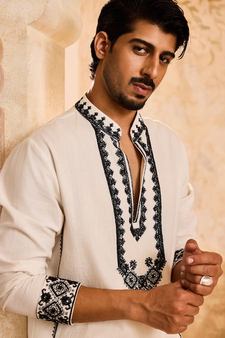 Shop_Histori_White Linen, Cotton, Silk Beads, Cut Work Geometric Embroidered Kurta Set _Online_at_Aza_Fashions