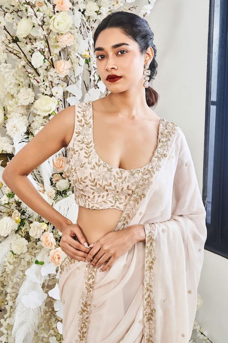 Disha Muchhala_Pink Silk, Linen, Chiffon Cut Work, Bloom Vine Embroidered Pre-draped Saree _Online_at_Aza_Fashions