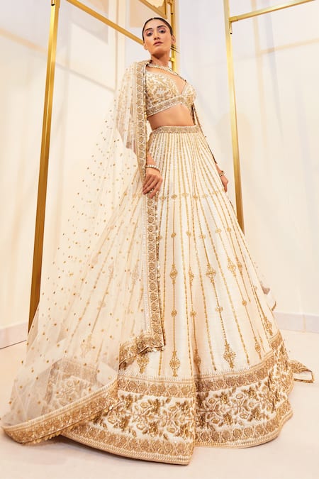 Pallavi Poddar Beige Zardozi Embroidered Bridal Lehenga Set 
