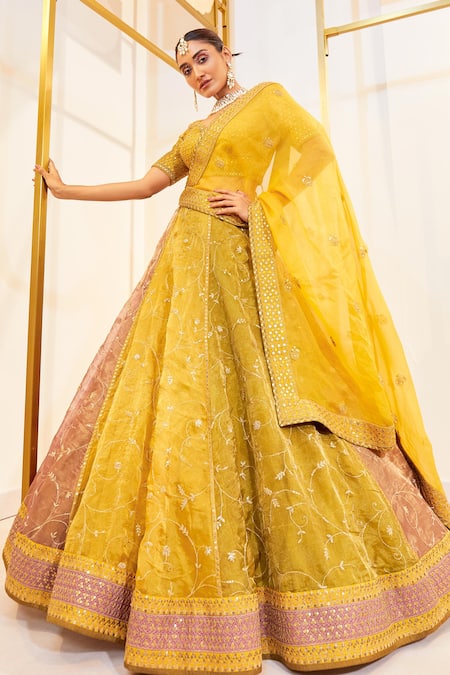 Pallavi Poddar Mustard Yellow Ambrosia Embroidered Lehenga Set 