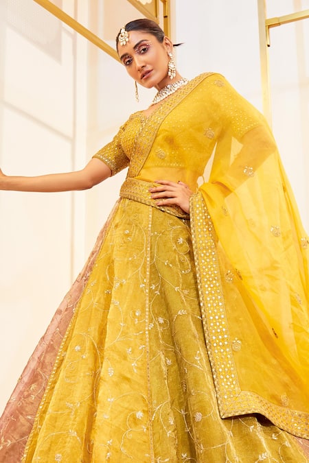 Buy_Pallavi Poddar_Yellow Tissue Embroidery Sweetheart Neck Mustard Ambrosia Lehenga Set _Online_at_Aza_Fashions